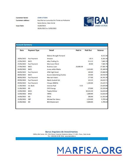Realistic Cabo Verde Banco Africano de Investimentos bank statement (AutoSum) excel sample